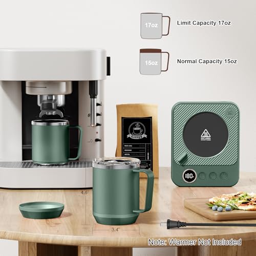 Image of Felibeaco 16oz Heated Coffee Mug with Flat Bottom for Rapid Heating, Stainless Steel Heated Coffee Cup Suitable for Different Coffee Mug Warmer /Heaters, Heated Mug /Cup for Home and Office Desk,Green