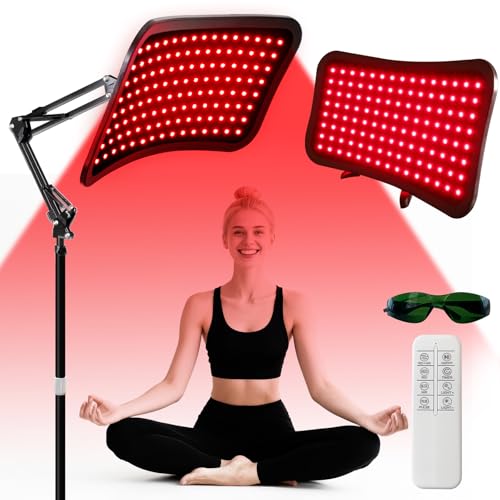 ShineMuse Rotlichtlampe mit Ständer für Ganzkörper & Gesicht,(660nm，850nm）Infrarotlampe mit 120 LEDs,5 Helligkeiten Rotlicht Panel für Büro mit Schutzbrille und Fernbedienung,Timer