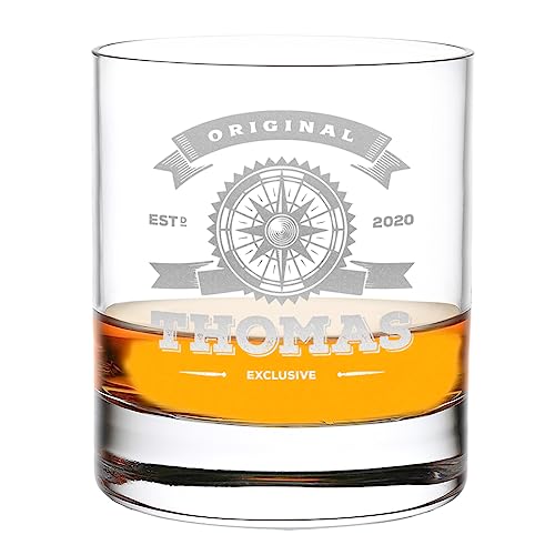 Whisky-Glas 315 ml Volumen mit personalisierter Gravur - mit Namen veredelt - Tumbler für echte Kerle - geeignet für Scotch und Bourbon - Geschenkidee zum Vatertag - mit Motiv Original Kompass