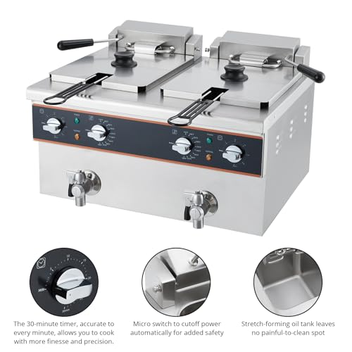 GarveeHome High-End Tabletop Fryer with Oil Drain Valve, Double-Cylinder, 16L Oil Capacity, 120V, 1800W+1800W, Timer, 201 Stainless Steel Frying Basket