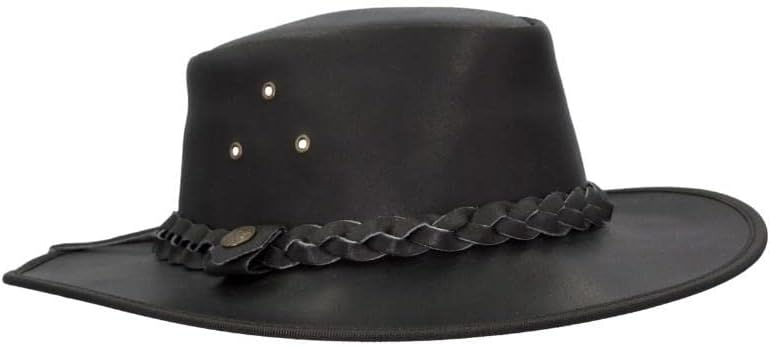 Walker and Hawkes Leather Cowhide Outback Braided Traveller Hat, Unisex Western Style, Durable Outdoor Sun Protection