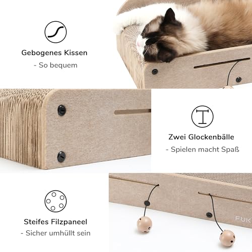 FUKUMARU Kratzbrett Katzen, 66CM langlebiges Kratzpappe und Filz, große Liege, 2 wendbare Katzenkratzpads für Katzen, recycelbares Katzenkratzbett aus Wellpappe mit Glockenballspielzeug, Beige
