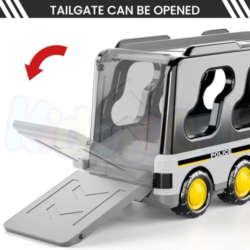 Image of Kidology 5-in-1 Police Carrier Truck Toy for Kids 3-7 Years | LED Lights & Siren Sound | Montessori Educational Friction Power Transport Vehicle Toys Playset | Birthday Gift for Boys & Girls