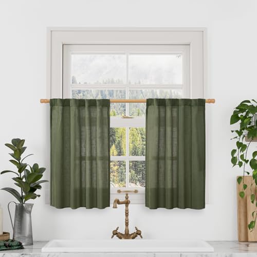 LAMIT Olive Green Linen Kitchen Curtains 30 Inch Length, Semi Sheer Light Filtering Window Panels Back Tab and Rod Pocket Drapes for Basement/Small Windows, 25 x 30 Inch, 2 Panels