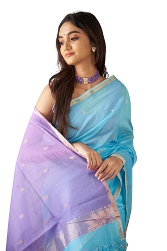 Image of ZECVA Women's Pure Soft Spun Cotton Lichi Silk Saree For Women With Attach Unstitch Blouse Piece