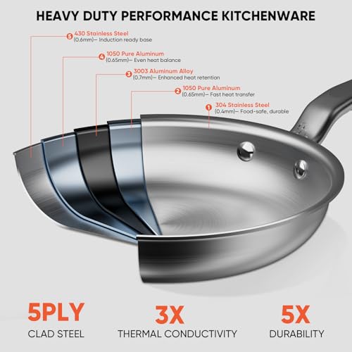 GLOBEHOME 10 Inch Stainless Steel Frying Pan - 5 Ply Stainless Clad Skillet with Aluminum Core, Durable and Even Heating, Professional Cookware for Induction, All Stoves, Oven and Dishwasher Safe