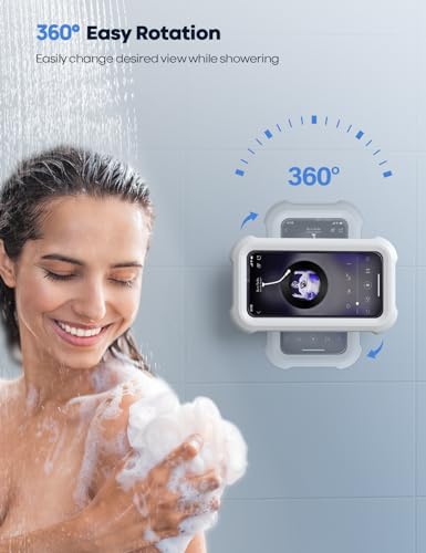 Lamicall Shower Phone Holder Waterproof - 480° Rotation Wall Mount Shower Phone Case, Anti-Fog, High Sensitive HD Touchscreen Shower Phone Mount for Bathroom Bathtub Kitchen, Fit 4-7" Phone - White