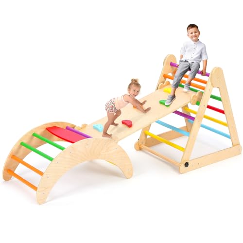 YOLEO Klettergerüst, schnell faltbares 3 in 1 Montessori Pikler Kletterdreieck mit Rampe, Montessori Wippe, stabiles Indoor Kletterspielzeug für Kleinkinder 1-6 (Regenbogen)