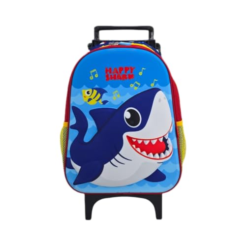 Fuseco Mochila Escolar Tubarão Baby Shark 3D com Rodinhas (Azul)