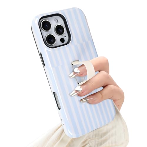 Jefonha Compatible with iPhone 16 Pro Max Case with Finger Strap Kickstand Stylish Chic Striped Phone Case for Women Men Dual-Layer Shockproof Cover for 16 Pro Max White Blue Stripes