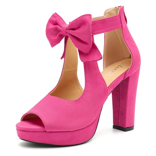 Image of fereshte Women's Bow Chunky Heel Sandals, Platform High Heel, Peep Toe, 3.94 Inch Block Heel
