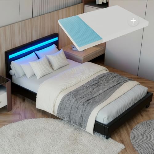 Juskys letto imbottito Paris da 90x200 cm in nero con materasso - Letto singolo con illuminazione LED, rete a doghe e testiera - Struttura in legno e rivestimento in similpelle