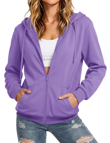 MAGCOMSEN Women's Fleece Lined Zip Up Hoodies Casual Hooded Jacket Workout Full Zip Sweatshirts Pocket Coats Light Purple M