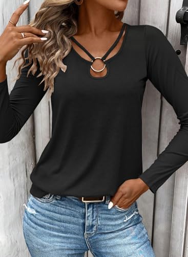 LOLONG Womens Long Sleeve Shirts Fall 2025 Sexy Tops Ribbed Knit Cut Out Ring Keyhole Neck Casual Tees2