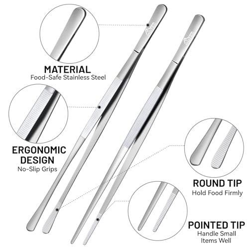 Hotec Grillzange Edelstahl Lang 30CM,Kitchen Kochpinzette,Kochpinzette Edelstahl Küche Verwendbar als Profi Zange Pinzette für Kochen Grillen und Backen - 2er Set 6