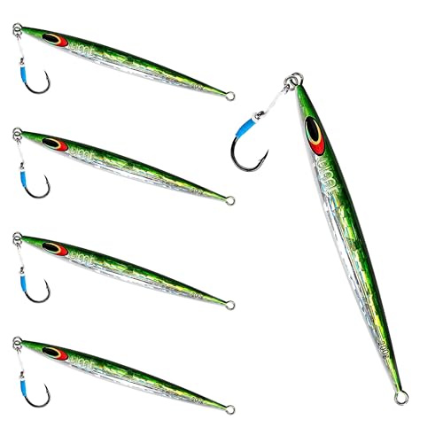 Uncle Mo Tackle - 200g Sand EEL Fishing Jig Green & White - Advanced for Saltwater Offshore - 5 Pack