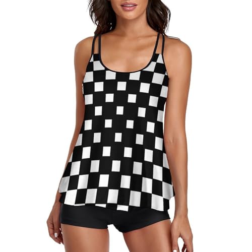 Tankini damier femme avec short de garçon et robe de plage intégrée