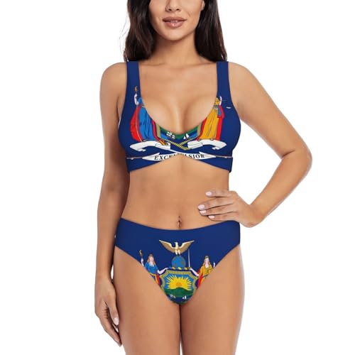 Conjunto de bikini de dos piezas con estampado de bandera del estado de Nueva York para mujer, traje de baño de verano para vacaciones en la playa, Negro -, S