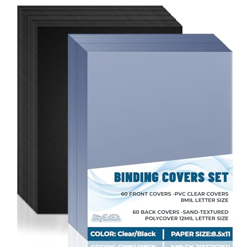 StyEdEk 120 Pcs Binding Covers and Backs Set, 8.5x11 Inch, Letter Size 60 Pcs 8mil Clear PVC, 60 Pcs 12mil Sand Plastic Texture