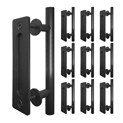 Image of S&Z TOPHAND 12 Inch Sliding Barn Door Handles, Black Powder Coated Finish Round Shape - Fit 1 3 /8-1 3 /4 inch Thickness Door, Heavy Duty Solid Steel Gate (10, Black)