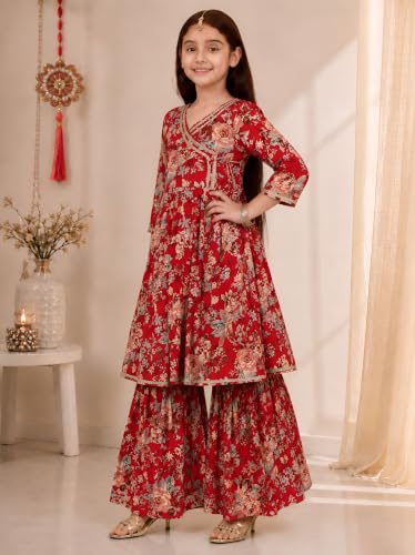 Image of Preneum Girls's Cotton Rayon Gota Pati Floral Printed Angrakha Kurta with Sharara