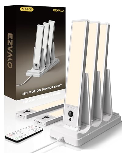 EZVALO 5-Pack Under Cabinet Lighting with Charging Station, 2400mAh Motion Sensor Light, LED Coutner Lights Wireless, 3000K Dimmable, Timer, Magnetic, with Remote Control for Kitchen, Closet, Stair