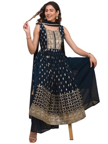 Image of Xomantic Fashion Women's Nayra Cut Embroidered Flared Kurta plazzo and Dupatta Set
