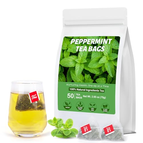 Peppermint Tea, 50 Tea Bags - Pure Peppermint Leaves, Caffeine Free Mint Herbal Tea Bags - Supports Healthy Digestion, Wellness & Refreshment (50 Counts, Pack of 1)