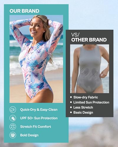 Image of Tame the Sun Long Sleeve Swimsuits for Women - One Piece Tummy Control, UPF 50+ Bathing Suit - Rash Guard, Zipper Swimwear