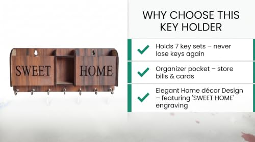 Image of Wall Mount Key Holder & Mail Organizer | Laser-Cut Key Hanger with 7 Metal Hooks, Letter Rack & Pen Stand | Wooden Wall Decor for Entryway, Living Room, Home & Office (Sweet Home)