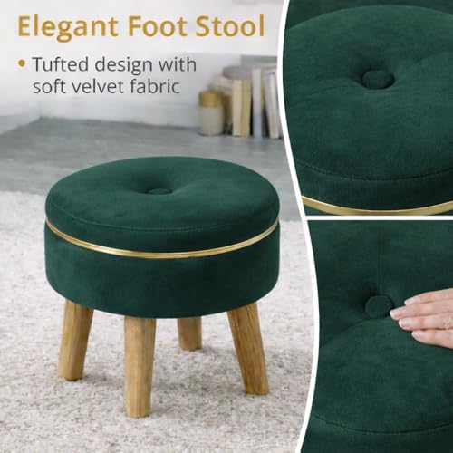 Image of Ottoman Stool for Living Room Foot Rest | Velvet Small Ottoman Foot Stool | Solid Wood Legs | Footstool Puffy for Home, Bedroom & Makeup Table | 30 x 30 cm (12 x 12 Inch) | Green