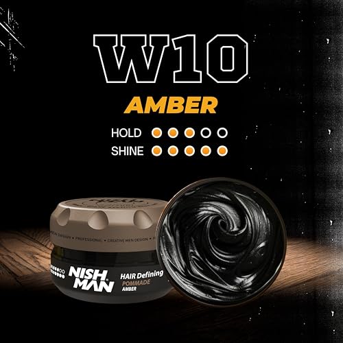 NISHMAN Hair Styling Pomade Wax W10 – Amber 100g – Flexible, Moderate Halt und Mittlere bis Hohe Glanz – Perfekt für Feste Styling, Pflege und Langanhaltenden Look