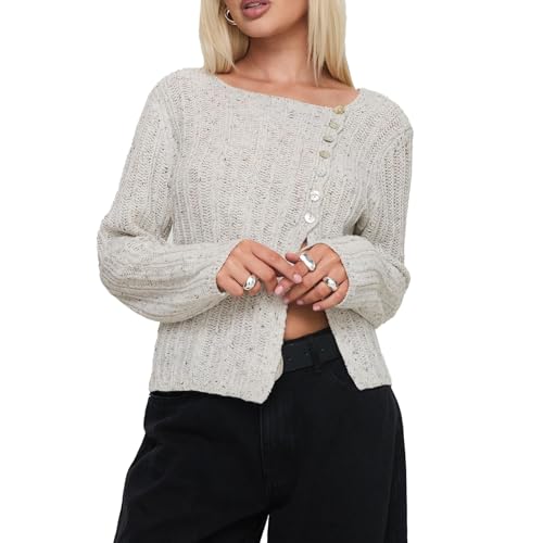 Womens Y2k Button Down Sweater Top Solid Boat Neck Long Sleeve Knitted Shirts Split Side Blouse Knitwear Streetwear3