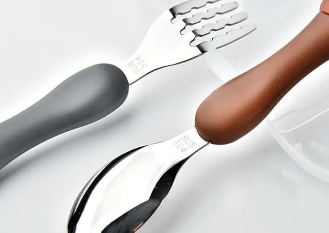 Image of Bekner Kids Cutlery Set, Stainless Steel Spoon and Fork with Animal Design Handles, 14.7 cm, Multicolor, Pack of 2 (Pink)