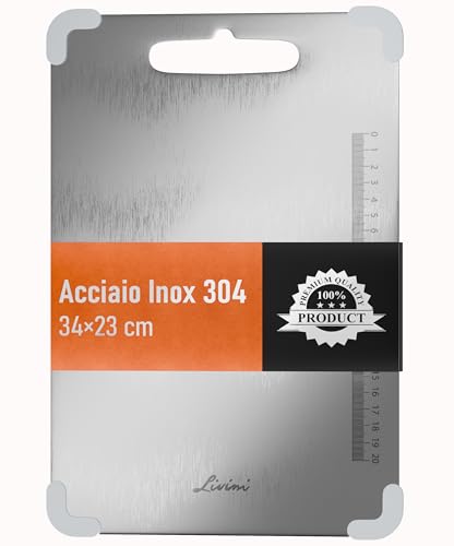 LIVINI Tagliere in Acciaio Inox 304 Alimentare 34x23cm, Tagliere da Cucina Professionale con Angoli Antiscivolo in Silicone Antibatterico e Righello inciso per un Taglio preciso