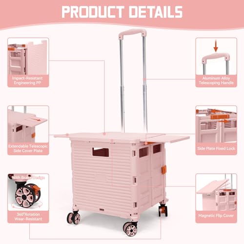 Chariot de courses pliable rose pour le camping et le marché - 3
