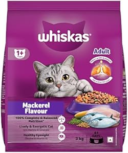 Whiskas Adult (1+ Years) Dry Cat Food, Mackerel Flavour, 3 kg, Contains 41 Essential Nutrients, Complete & Bal