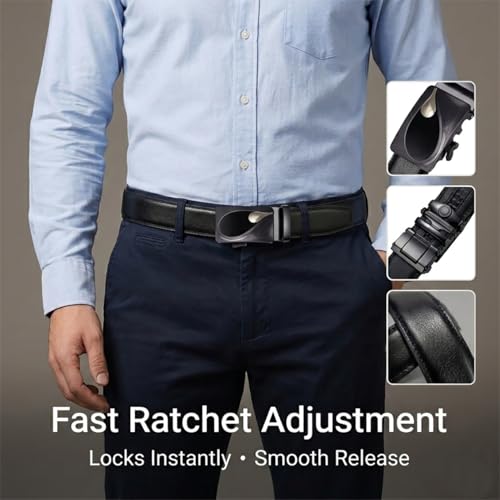 Image of JINIU Men's Ratchet Belt Buckle, Black Genuine Leather Slide Belt for Men Dress Suit, Micro Adjustable Trim to Fit Boxed