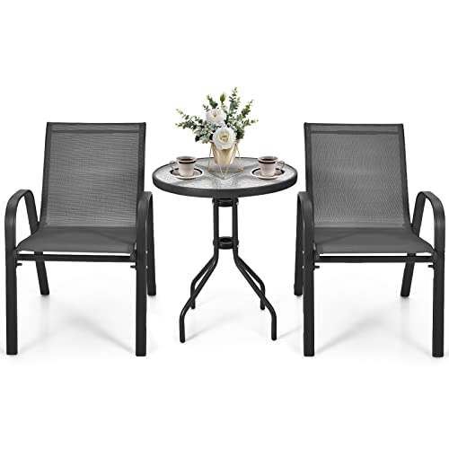 GIANTEX Conjunto de Muebles de Jardín 3 Piezas, 2 Sillas de Tejido Transpirable y 1 Mesa de Café con Tablero de Vidrio, Sillas Apilables, Marco de Metal, Juego de Bistró para Patio, Balcón (Negro)