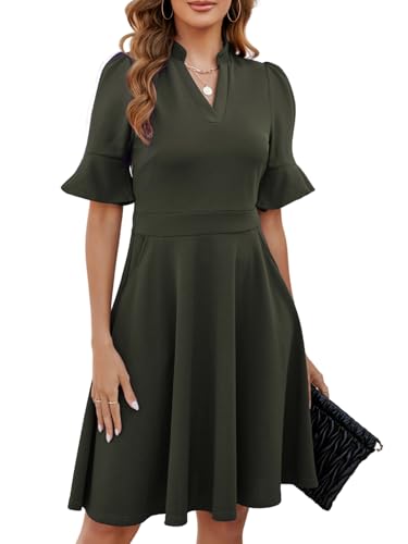Image of Mokayee Womens Summer V Neck Ruffle Short Sleeve Fit and Flare Knee Length Church Wedding Guest Dresses with Pockets