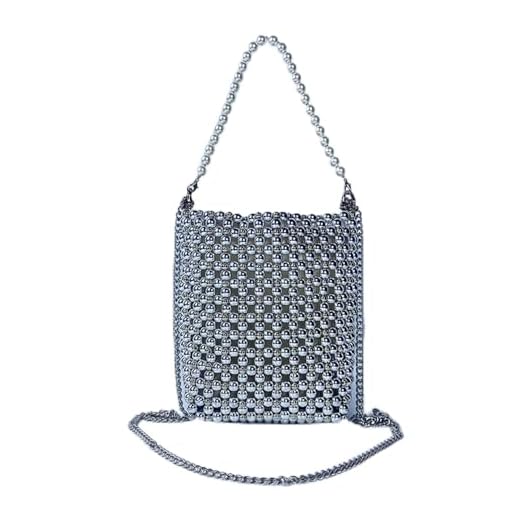 SHESRA Bolsa de ombro feminina de pérolas de luxo para mulheres, bolsas feitas à mão, bolsa tiracolo com contas, bolsa para noite, festa de casamento, presentes de festa de noiva 08, Prata