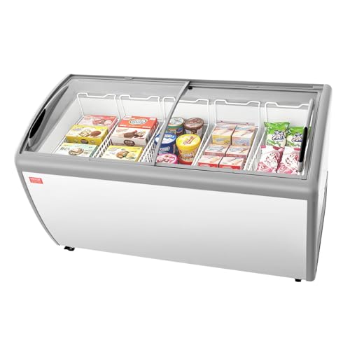 VEVOR Commercial Ice Cream Display Case, 16.3 Cu.ft Chest Freezer, -19 to 3℉ Temp Adjustable Mobile Top Deep Freezer with 5 Wire Baskets, 2 Sliding Glass Doors, Locking Casters & LED Strip Lighting