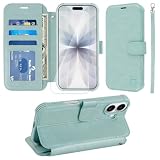VANAVAGY Wallet Case Compatible for iPhone 17 6.3-inch 2025, Folio Flip Case with Wrist Strap RFID Blocking Card Holder Kickstand, PU Leather Shockproof Phone Cover Screen Protector,Light Mint