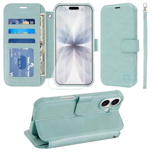 VANAVAGY Wallet Case Compatible for iPhone 17 6.3-inch 2025, Folio Flip Case with Wrist Strap RFID Blocking Card Holder Kickstand, PU Leather Shockproof Phone Cover Screen Protector,Light Mint by VANAVAGY - Used condition - US$9.59