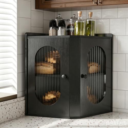 Stylstoreazy Corner Bread Bin for Kitchen Two Tier Bamboo Bread Box Bread Storage Containers for Kitchen Countertop with Stiped Window Black
