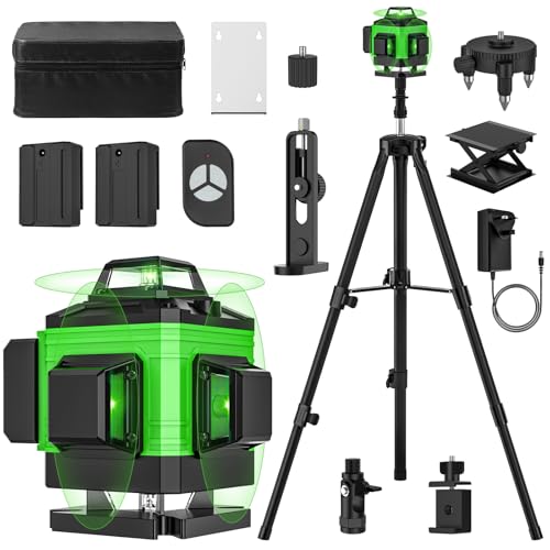 Laser Level with Tripod Self Leveling 4 x 360°, 4D 16 Lines Green Laser Level with 2 x 2400mAh Batteries, Adjustable Tripod, Adjustable Brightness Pulse Mode, Swivel Base Remote Control Wall Bracket
