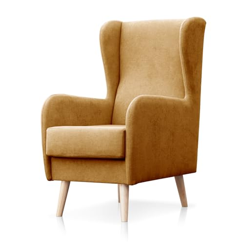 SUENOSZZZ-ESPECIALISTAS DEL DESCANSO Sillón orejero nórdico Narex Butaca Dormitorio o salón, Relax Orejeras escandinavo tapizado en Tela Antimanchas Mostaza