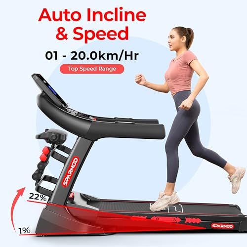 Image of Sparnod Fitness STH-5720 High-Performance Treadmill | 7HP Peak DC Motor | Auto Incline 22% | 1-20 km /h Speed | 7 inch LCD Display | Bluetooth Speaker | Hydraulic Fold | Running Machine for Gym Exercise