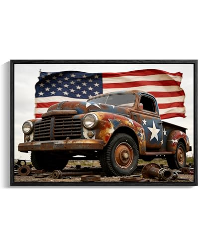 Image of American Flag Framed Canvas Wall Art, 4th of July Canvas Prints, USA Flag with Truck Patriotic Decorations, Vintage Independence Day Wall Decor for Bedroom Living Room Dining Room Office 24x32