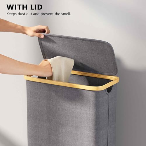 SpaceAid Slim Laundry Hamper with Lid, 65L Narrow Clothes Basket Bin with Bamboo Handles, Skinny Tall Collapsible Hamper for Bedroom, Bathroom, Dorm, Laundry Room - Grey
